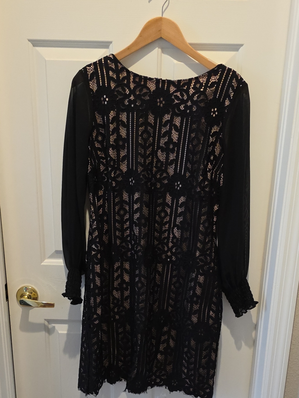 Chico's Black Lace Long-Sleeve Dress with Nude Lining